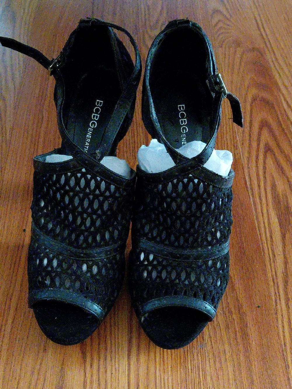 BCBGeneration Black Woven Peep-Toe Ankle-Strap Heels